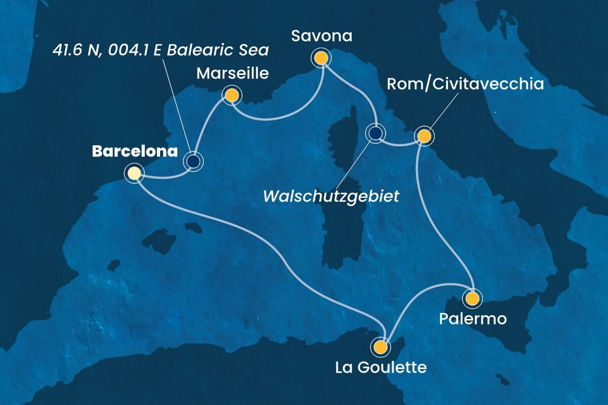 Reiseroute der Costa Pacifica am 27.10.2025, ab Barcelona, 7 Nächte