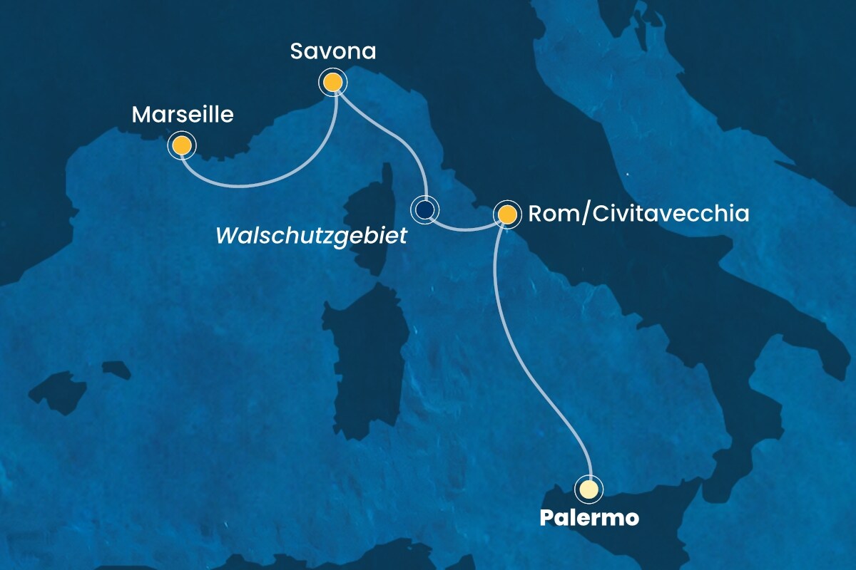 Reiseroute der Costa Toscana am 27.02.2025, ab Palermo, 3 Nächte