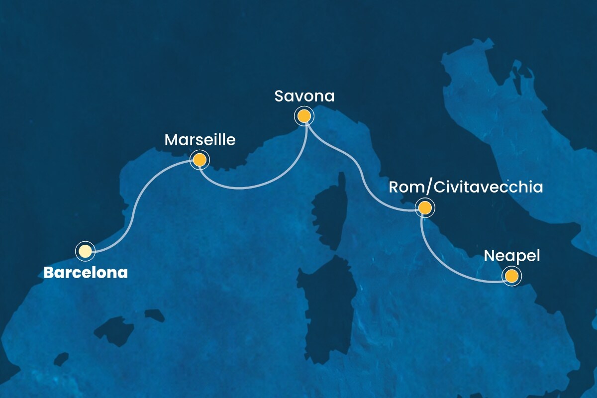 Reiseroute der Costa Fascinosa am 30.05.2025, ab Barcelona, 4 Nächte