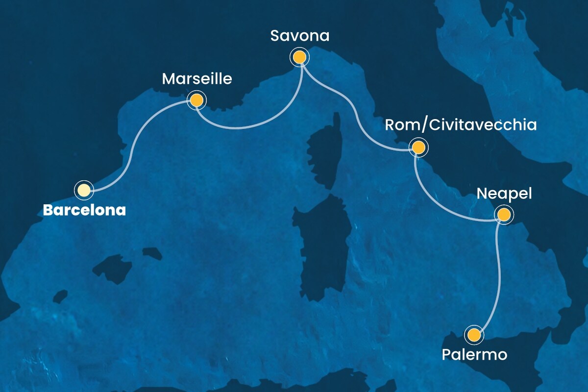 Reiseroute der Costa Fascinosa am 30.05.2025, ab Barcelona, 5 Nächte