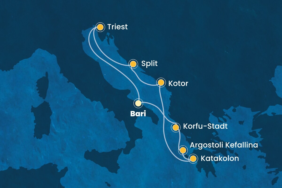 Reiseroute der Costa Deliziosa am 19.10.2025, ab Bari, 7 Nächte