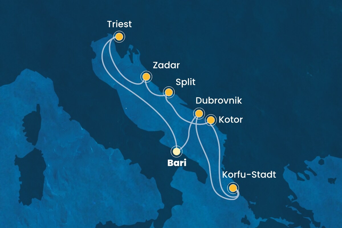 Reiseroute der Costa Deliziosa am 12.10.2025, ab Bari, 7 Nächte