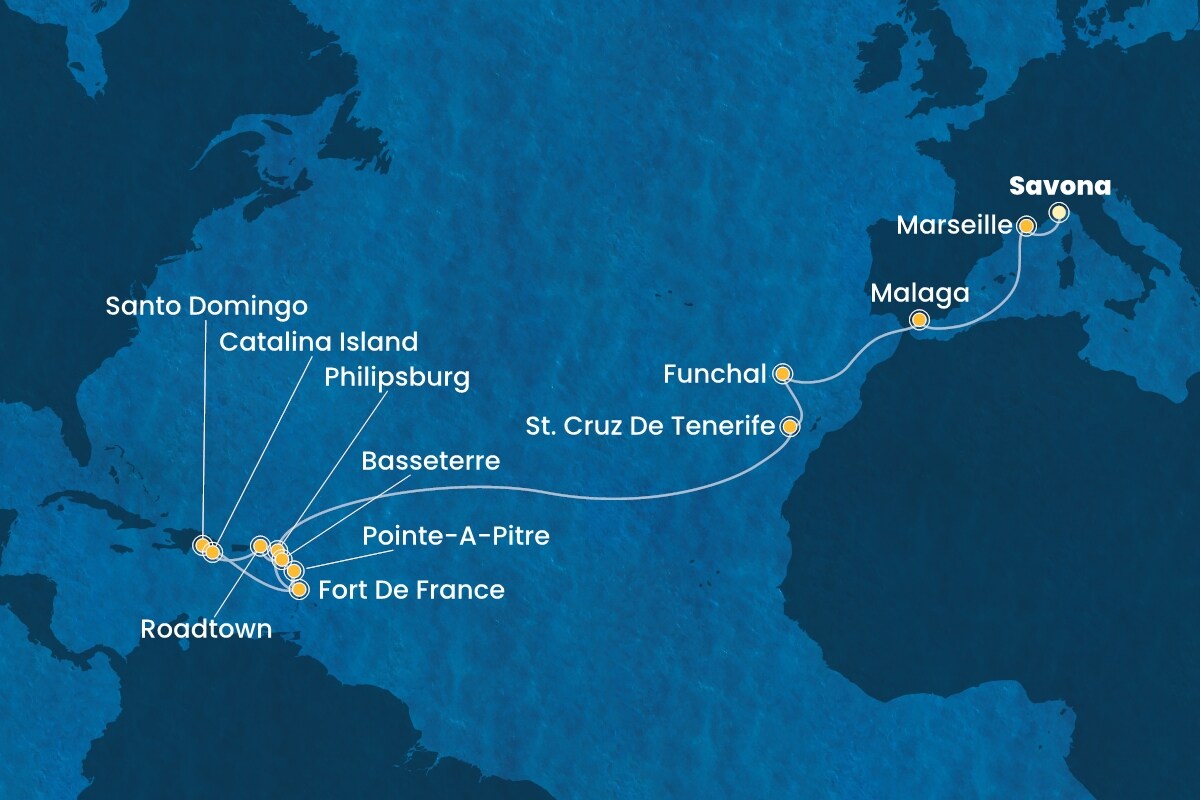 Reiseroute der Costa Fascinosa am 20.11.2025, ab Savona, 22 Nächte