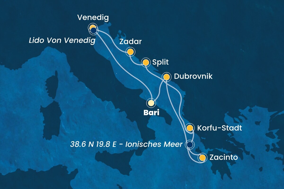 Reiseroute der Costa Deliziosa am 17.08.2025, ab Bari, 7 Nächte