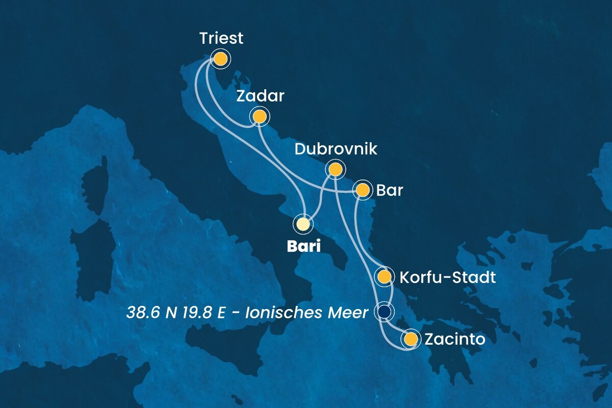 Reiseroute der Costa Deliziosa am 28.09.2025, ab Bari, 7 Nächte