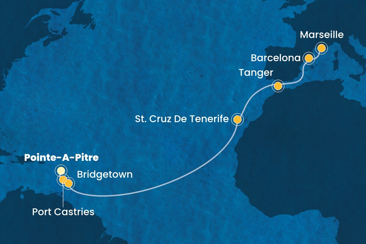 Reiseroute der Costa Fascinosa am 13.03.2026, ab Pointe-a-Pitre, 14 Nächte