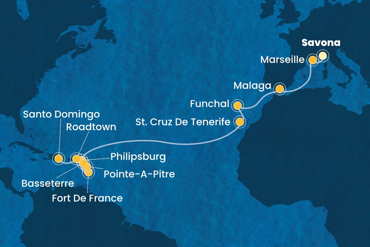 Reiseroute der Costa Fascinosa am 20.11.2025, ab Savona, 18 Nächte