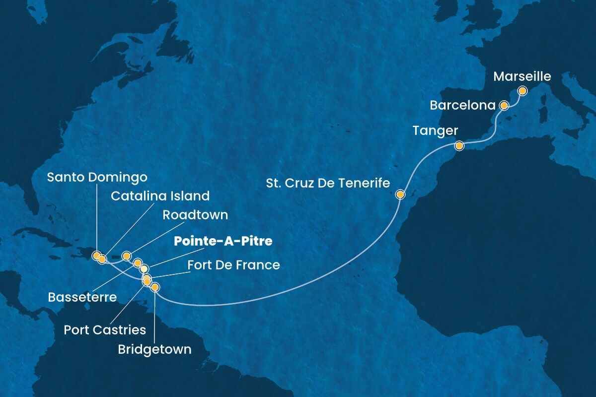 Reiseroute der Costa Fascinosa am 06.03.2026, ab Pointe-a-Pitre, 21 Nächte