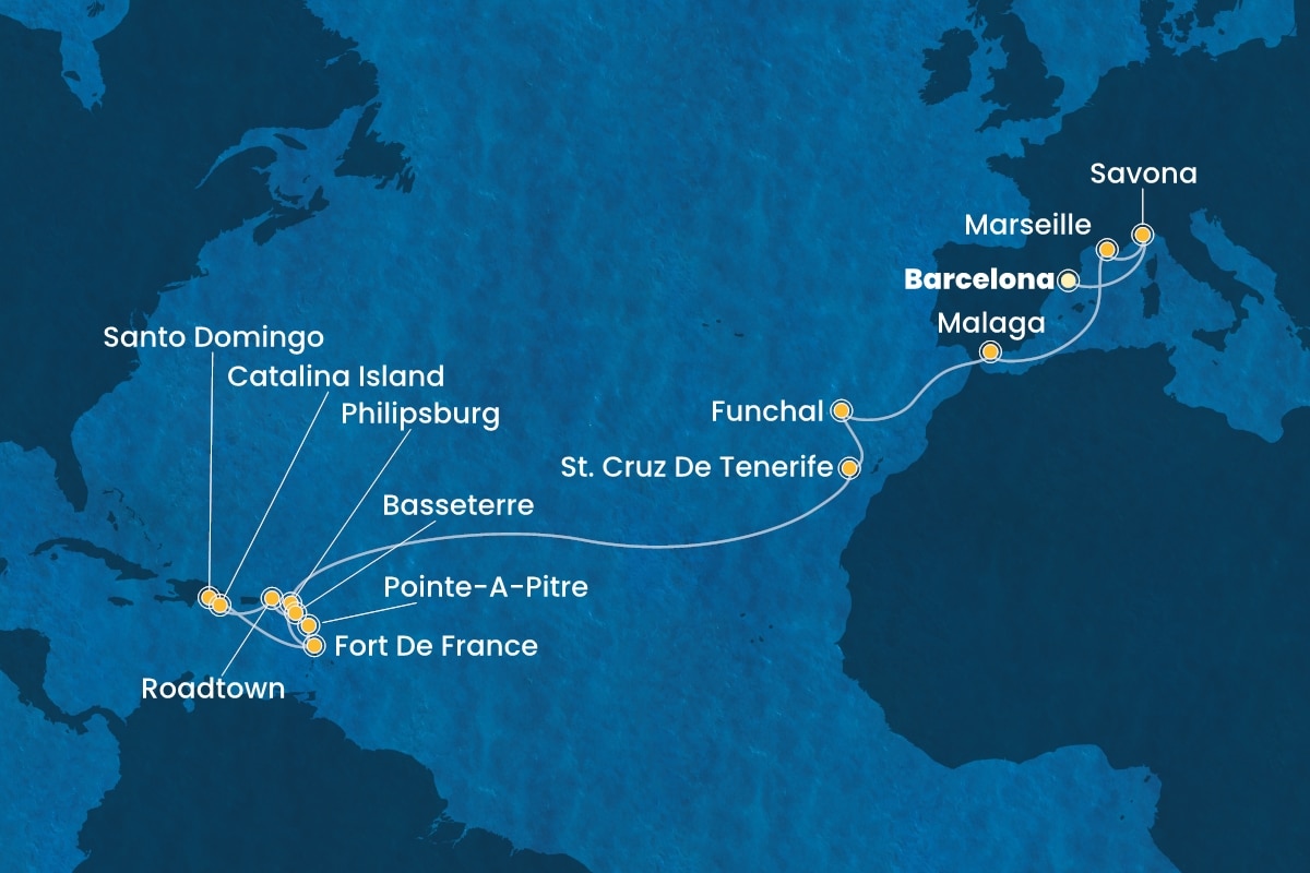 Reiseroute der Costa Fascinosa am 19.11.2025, ab Barcelona, 23 Nächte