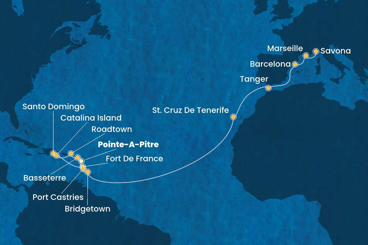 Reiseroute der Costa Fascinosa am 06.03.2026, ab Pointe-a-Pitre, 22 Nächte