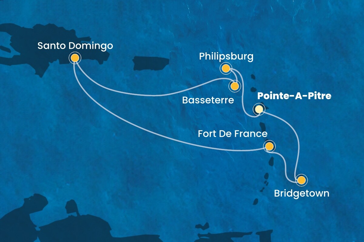 Reiseroute der Costa Fascinosa am 19.12.2025, ab Pointe-a-Pitre, 7 Nächte