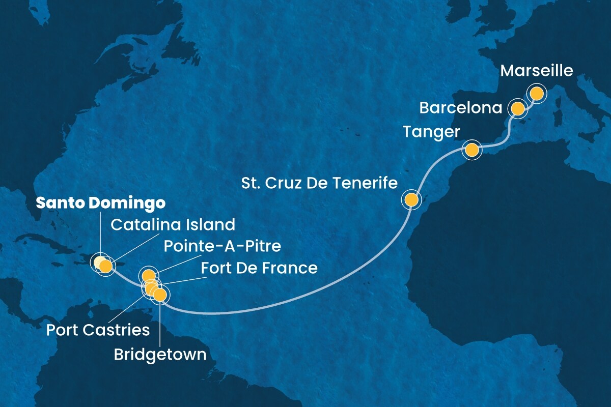 Reiseroute der Costa Fascinosa am 09.03.2026, ab Santo Domingo, 18 Nächte