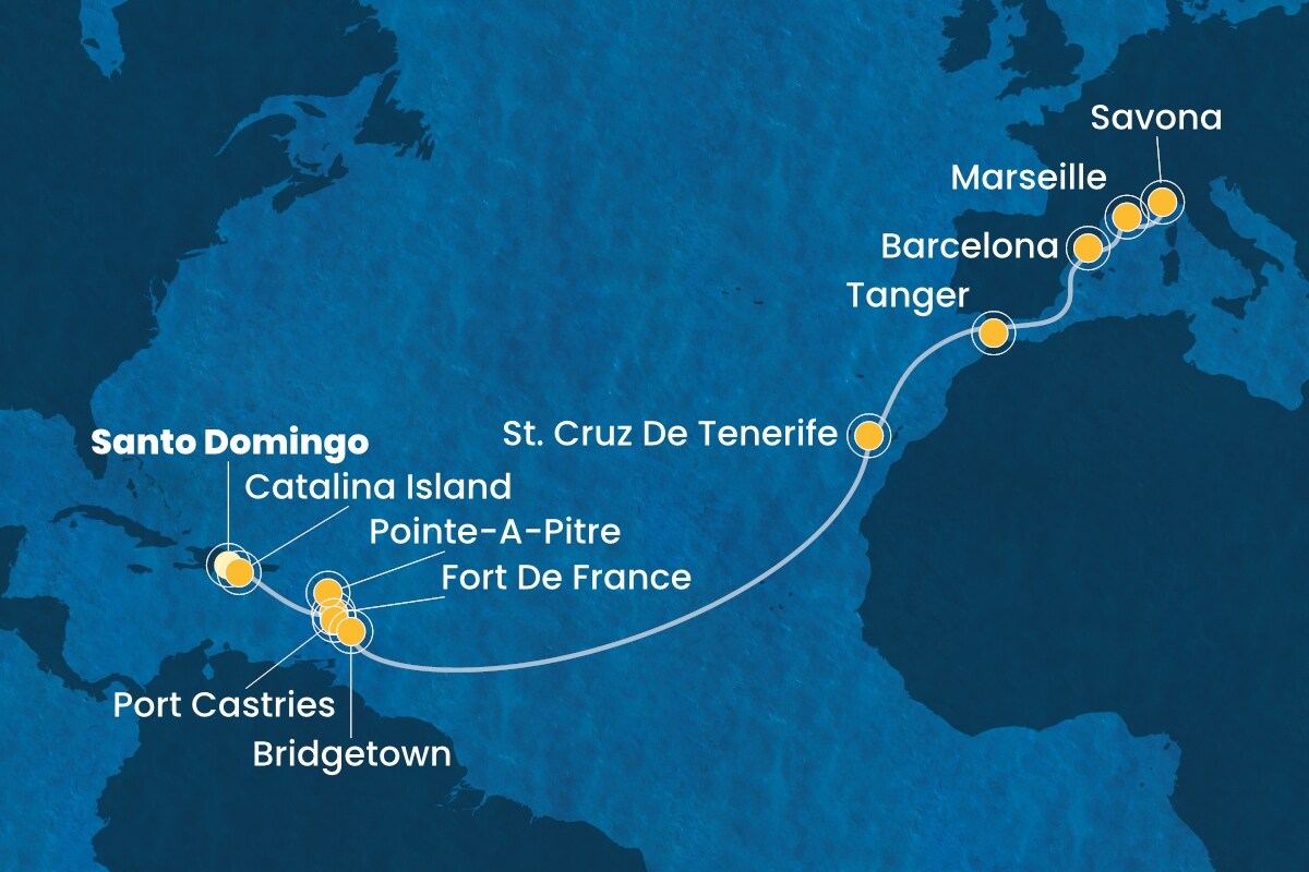 Reiseroute der Costa Fascinosa am 09.03.2026, ab Santo Domingo, 19 Nächte