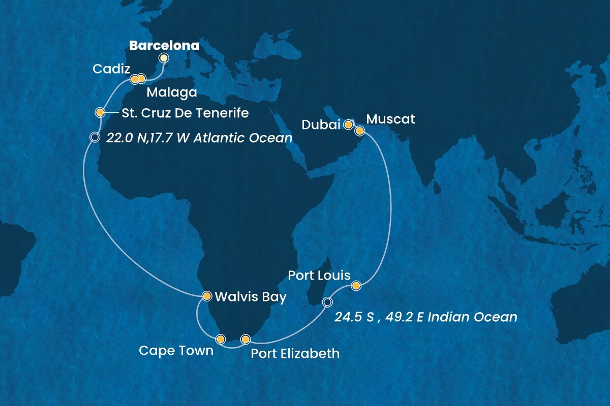 Reiseroute der Costa Toscana am 15.11.2025, ab Barcelona, 36 Nächte