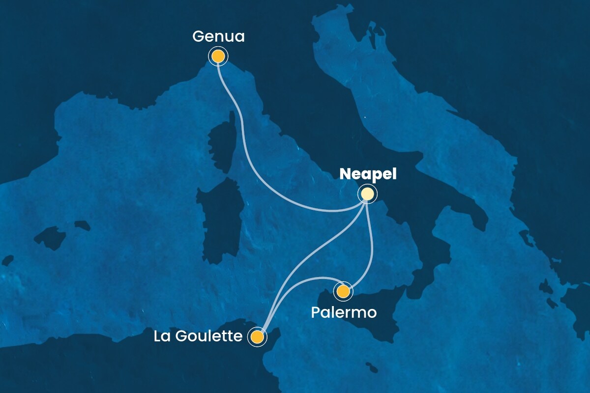 Reiseroute der Costa Fascinosa am 29.09.2025, ab Neapel, 5 Nächte