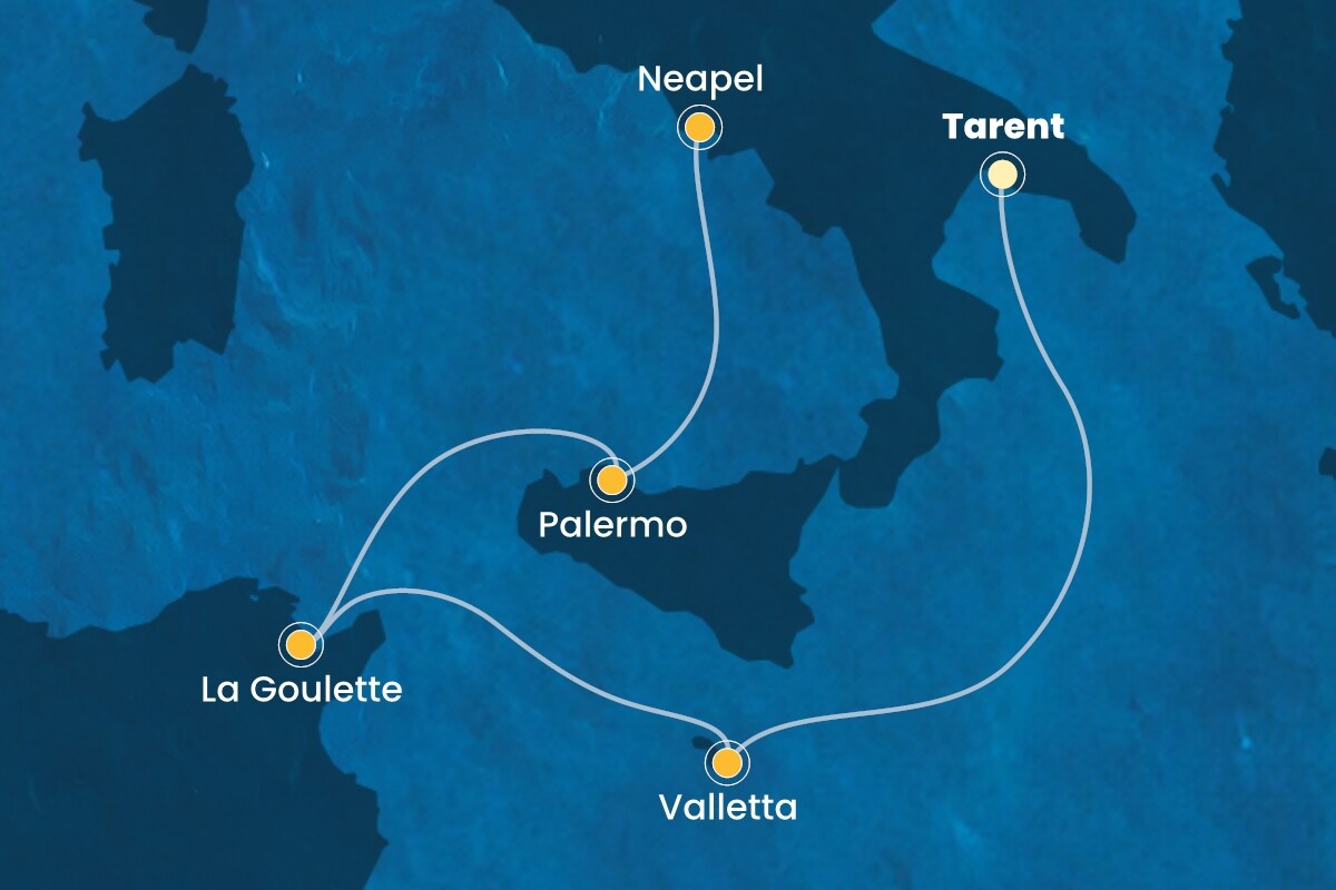 Reiseroute der Costa Fascinosa am 21.09.2025, ab Taranto, 4 Nächte