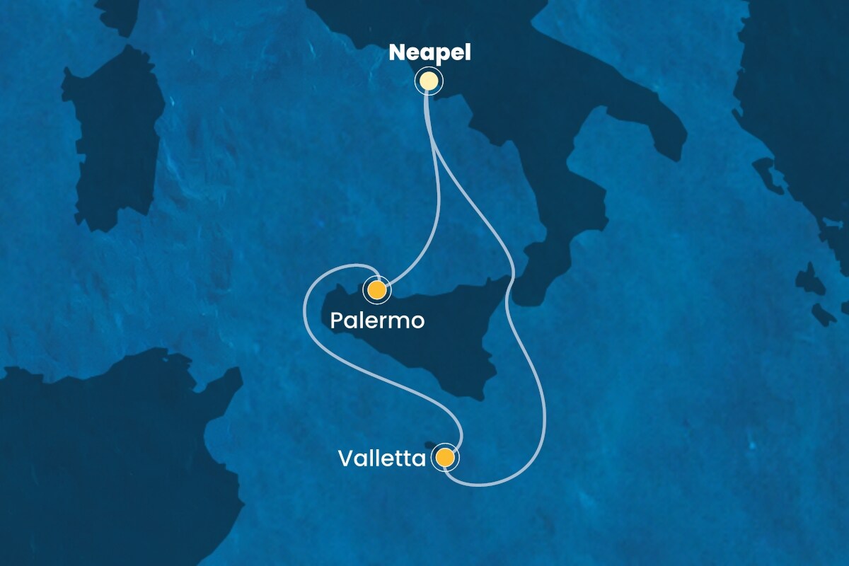 Reiseroute der Costa Fascinosa am 25.09.2025, ab Neapel, 4 Nächte