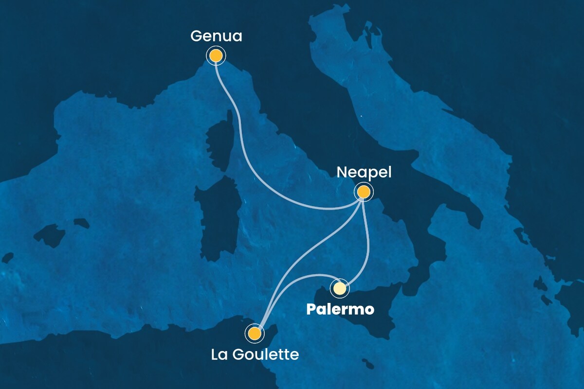 Reiseroute der Costa Fascinosa am 28.09.2025, ab Palermo, 6 Nächte