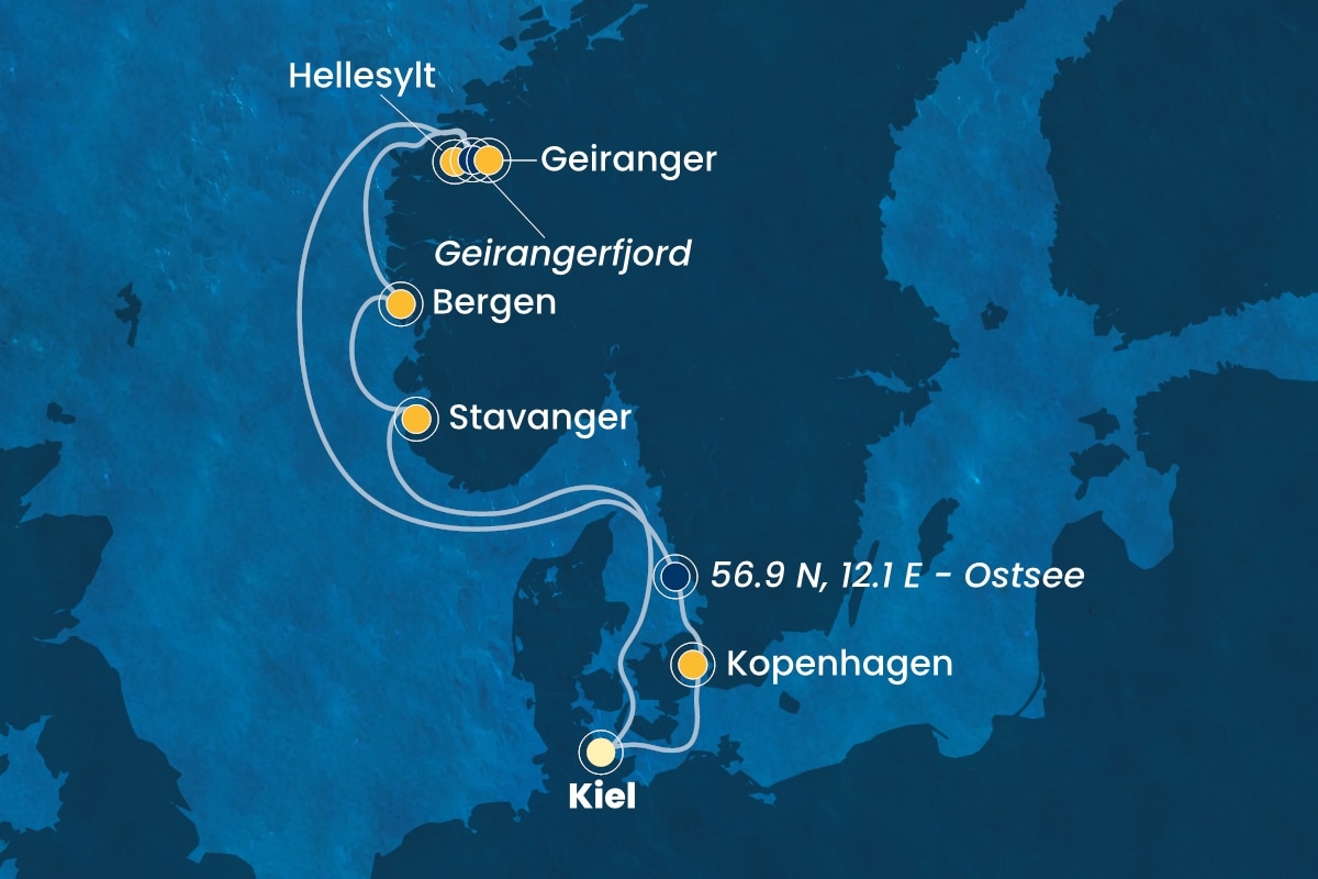 Reiseroute der Costa Diadema am 30.05.2025, ab Kiel, 7 Nächte