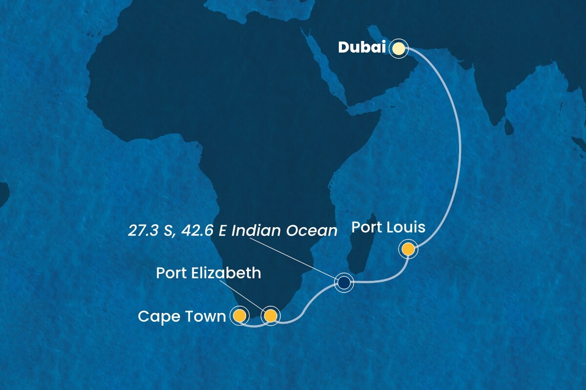 Reiseroute der Costa Toscana am 07.03.2026, ab Dubai, 15 Nächte