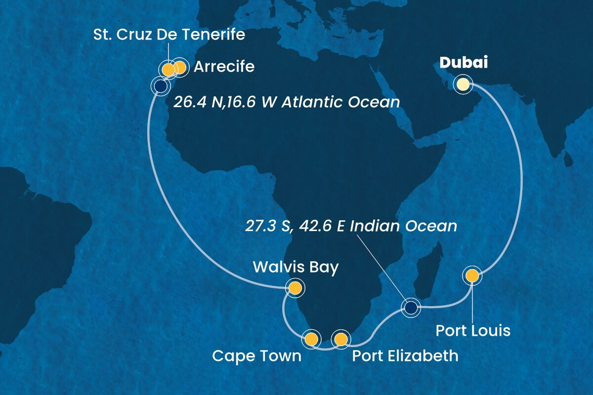 Reiseroute der Costa Toscana am 07.03.2026, ab Dubai, 29 Nächte