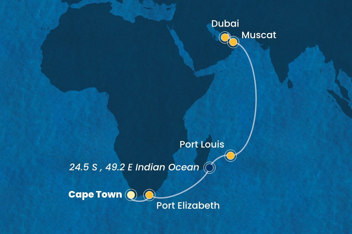 Reiseroute der Costa Toscana am 03.12.2025, ab Kapstadt, 17 Nächte