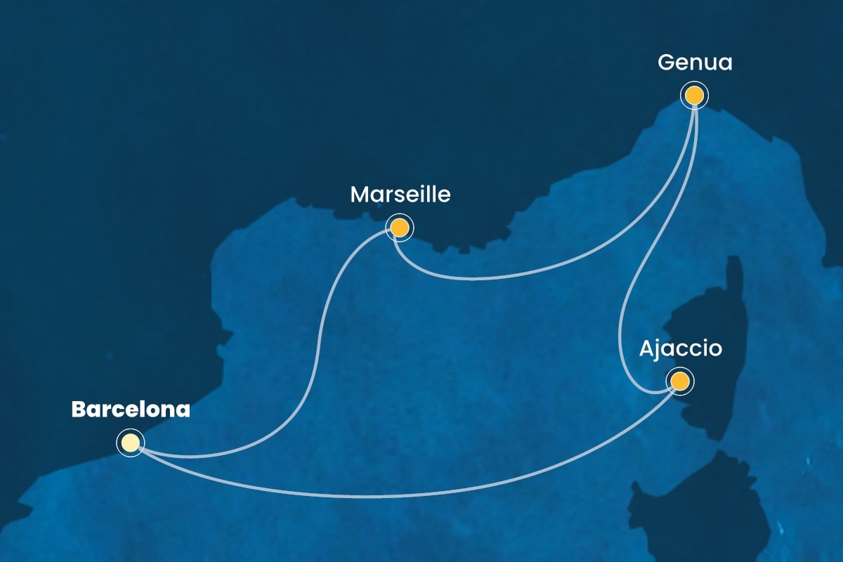 Reiseroute der Costa Smeralda am 05.04.2025, ab Barcelona, 4 Nächte