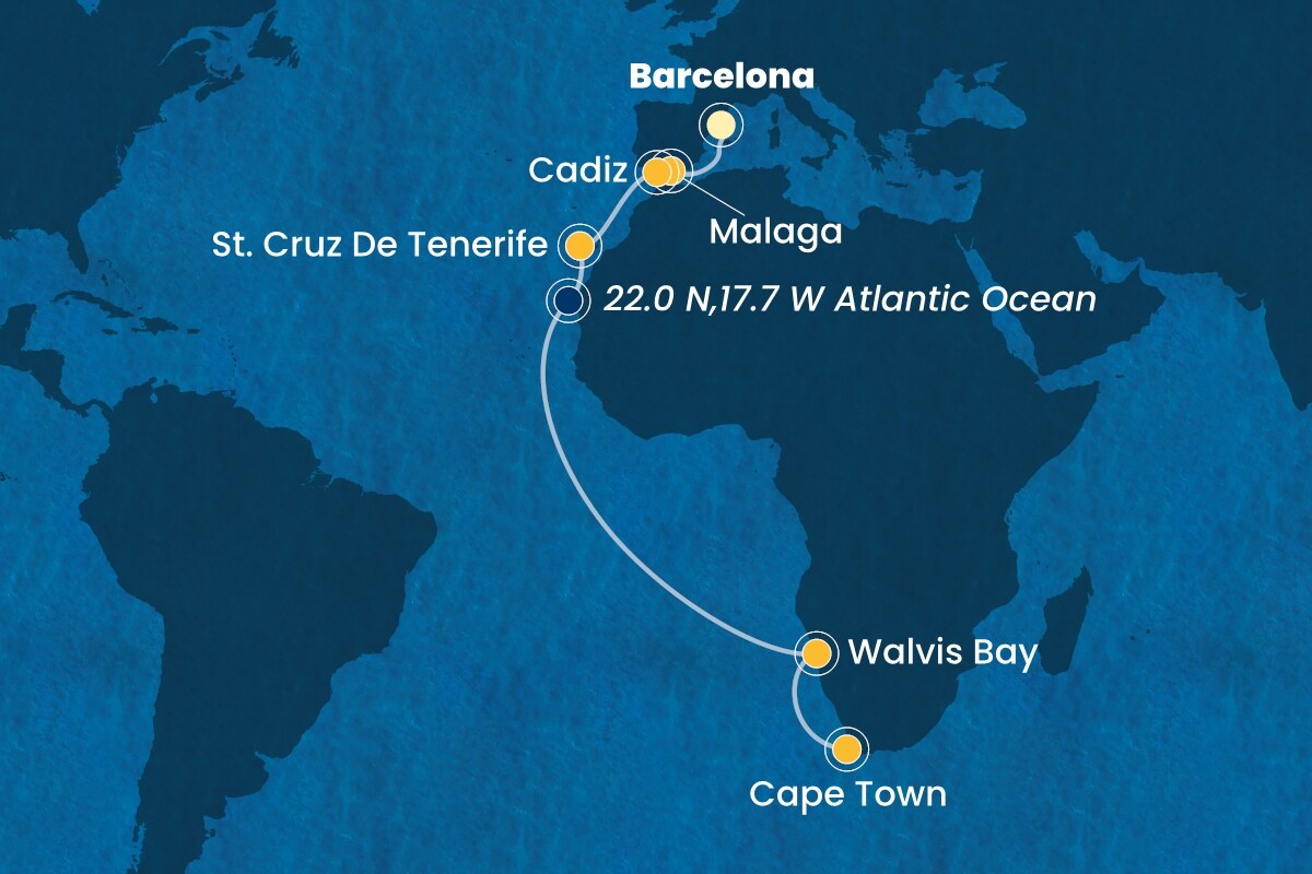 Reiseroute der Costa Toscana am 15.11.2025, ab Barcelona, 18 Nächte