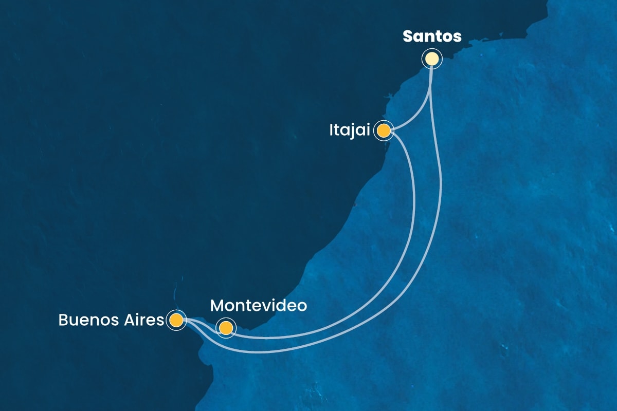 Reiseroute der Costa Diadema am 21.12.2025, ab Santos (Sao Paulo), 7 Nächte