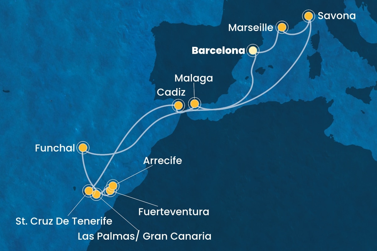 Reiseroute der Costa Fortuna am 02.10.2025, ab Barcelona, 14 Nächte