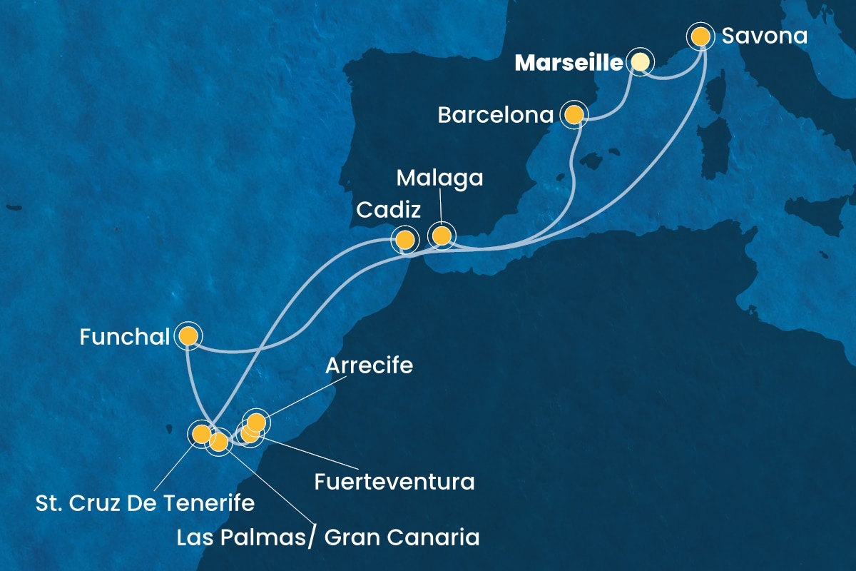 Reiseroute der Costa Fortuna am 03.10.2025, ab Marseille, 14 Nächte