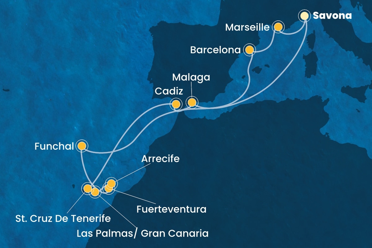 Reiseroute der Costa Fortuna am 04.10.2025, ab Savona, 14 Nächte