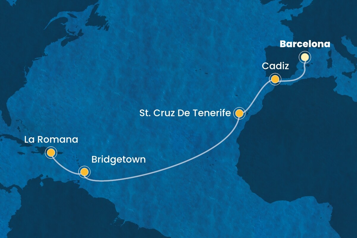 Reiseroute der Costa Pacifica am 08.12.2025, ab Barcelona, 13 Nächte