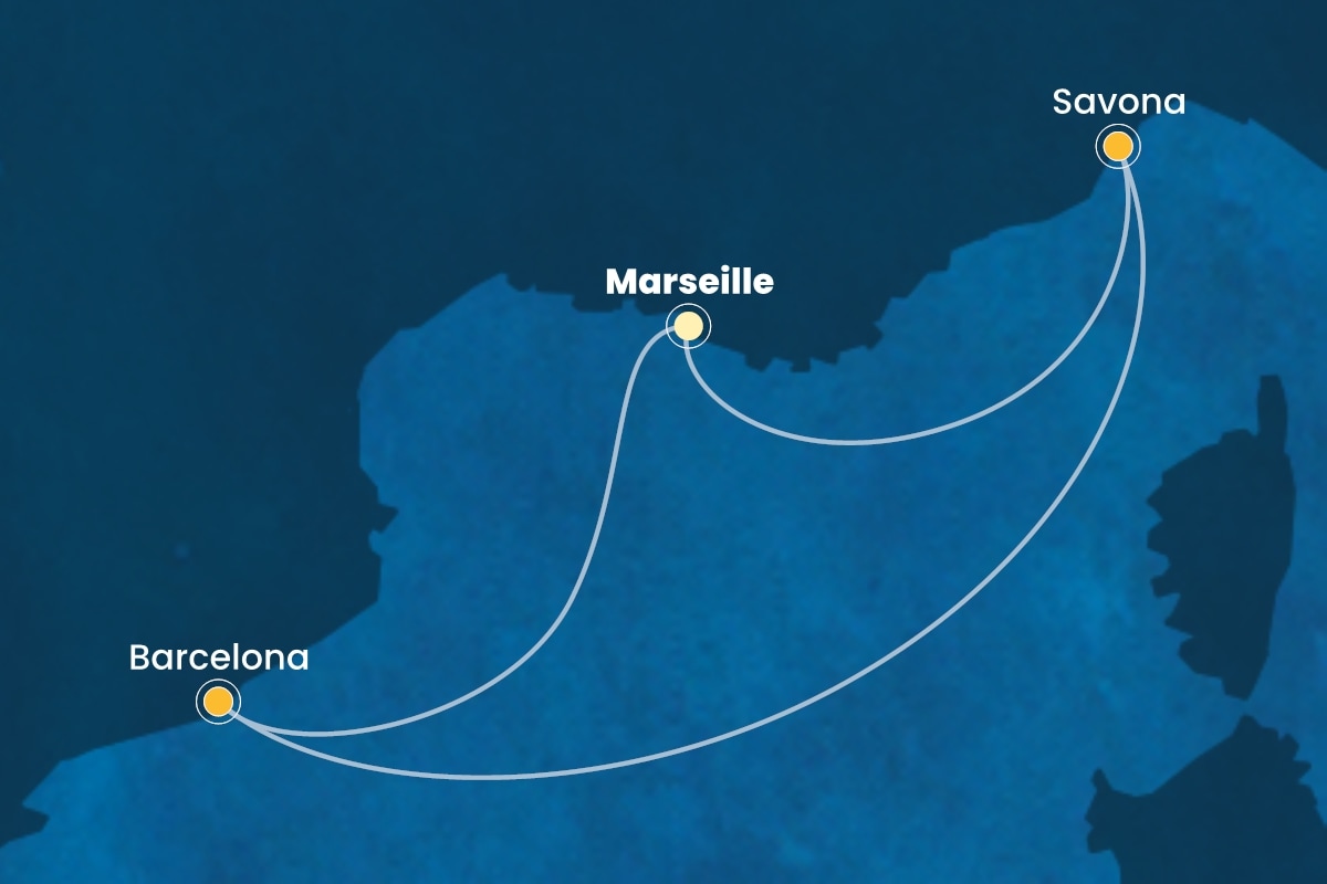 Reiseroute der Costa Fascinosa am 08.04.2026, ab Marseille, 3 Nächte