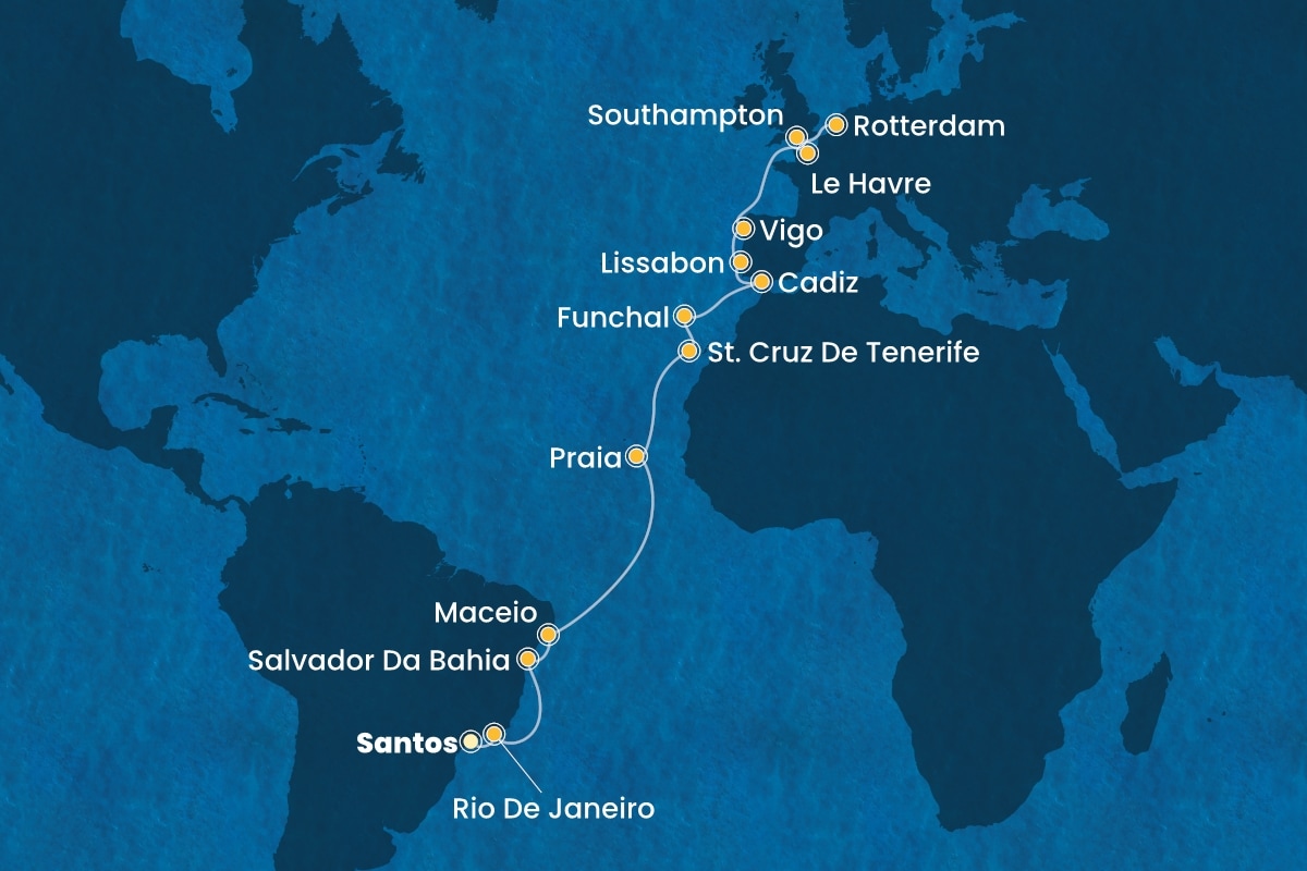 Reiseroute der Costa Diadema am 20.04.2025, ab Santos (Sao Paulo), 23 Nächte