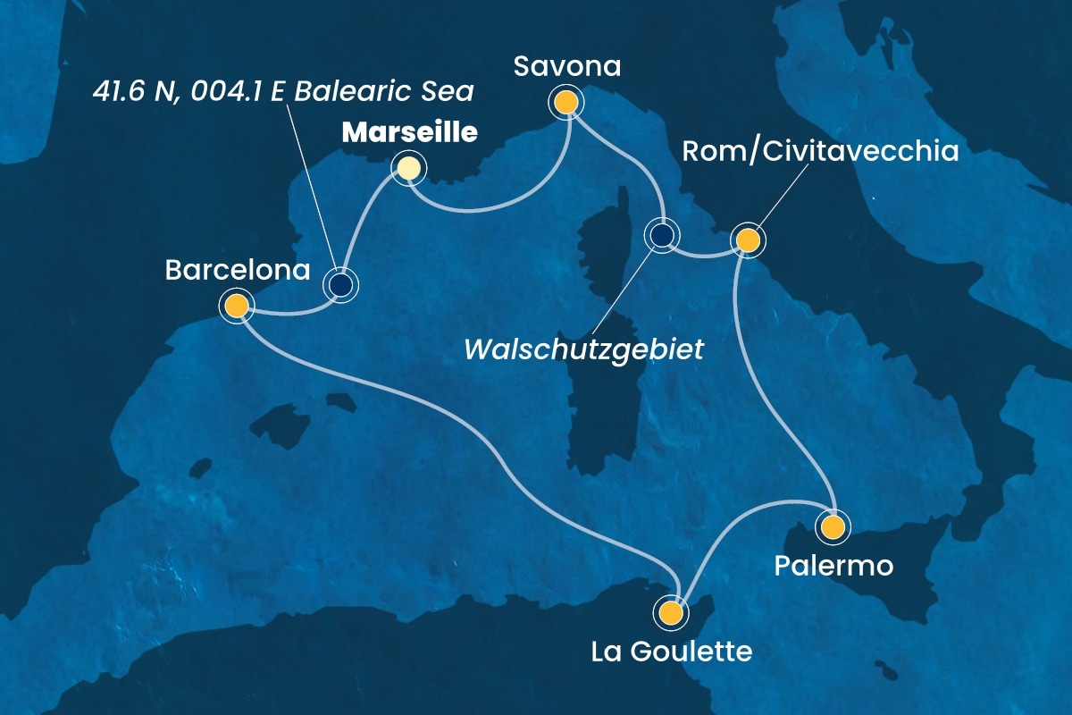 Reiseroute der Costa Pacifica am 30.11.2025, ab Marseille, 7 Nächte