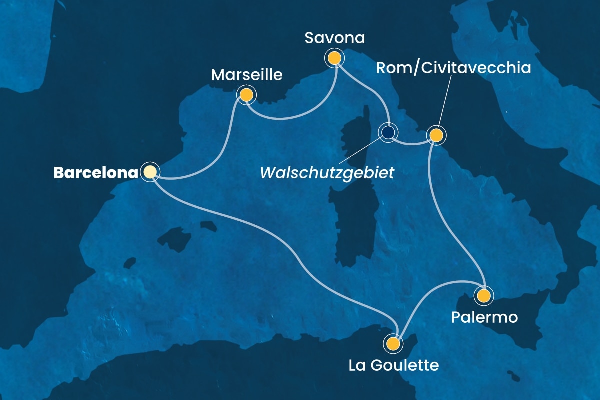 Reiseroute der Costa Pacifica am 01.12.2025, ab Barcelona, 7 Nächte