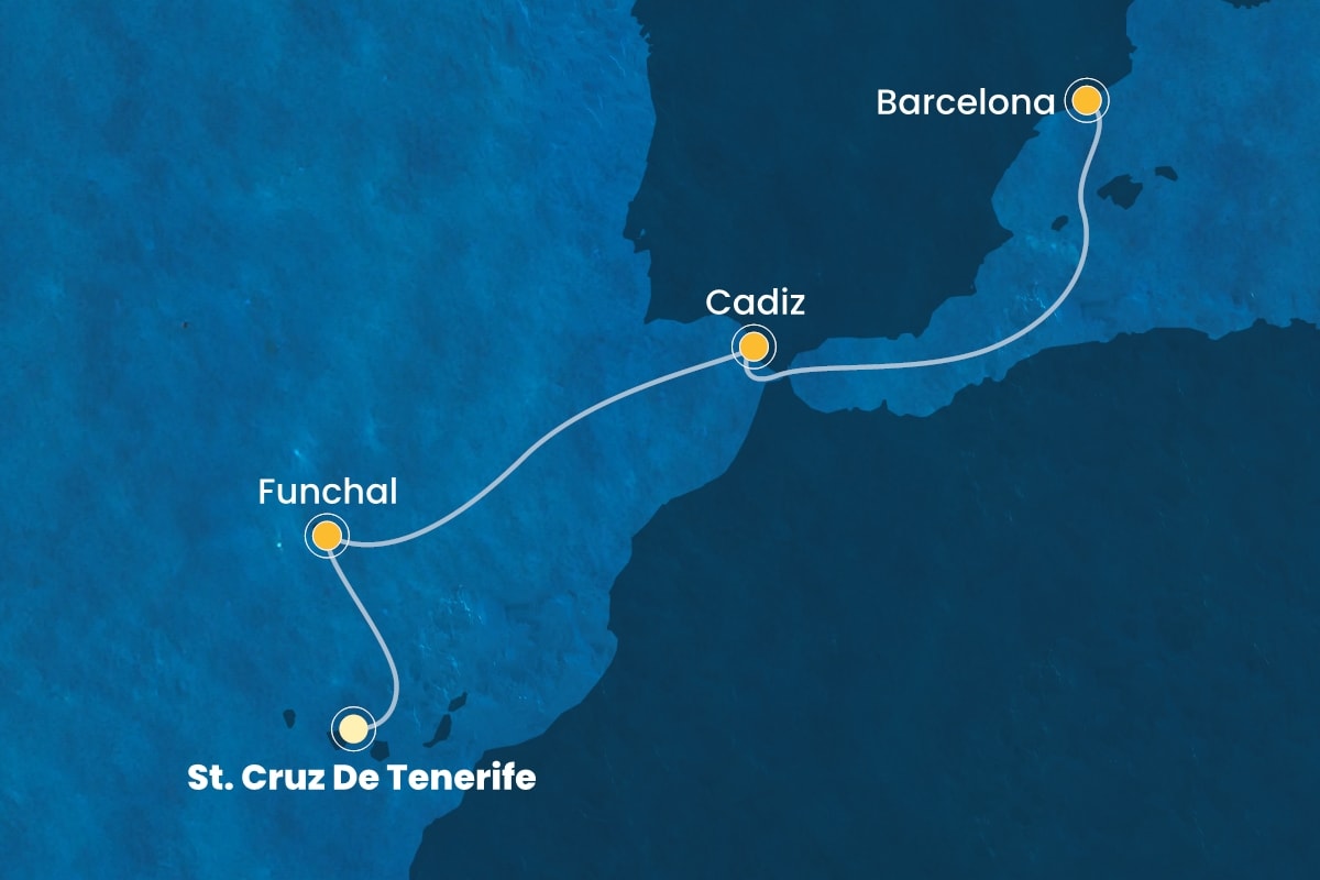 Reiseroute der Costa Fortuna am 23.03.2025, ab Santa Cruz de Tenerife, 5 Nächte