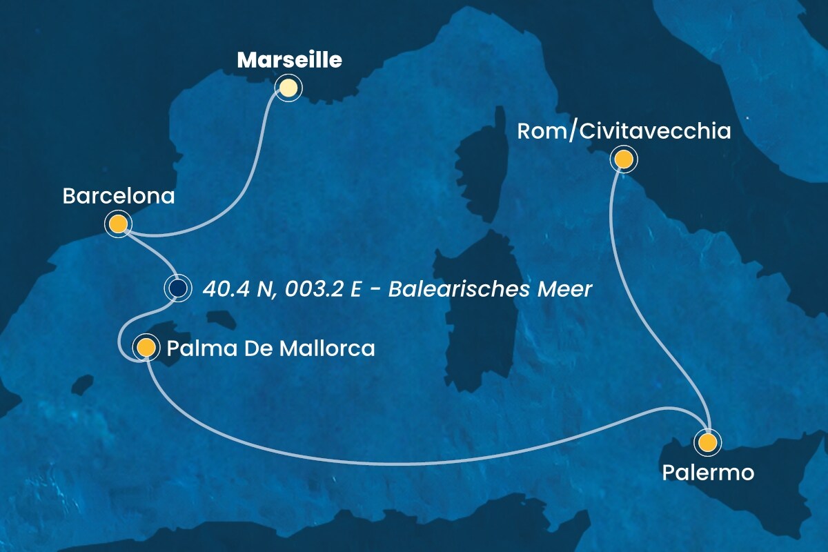 Reiseroute der Costa Toscana am 02.02.2025, ab Marseille, 5 Nächte