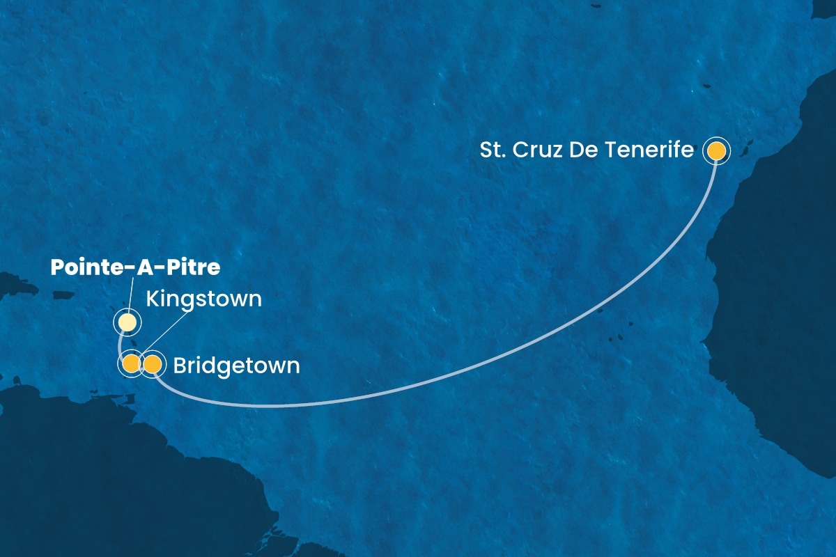 Reiseroute der Costa Fortuna am 14.03.2025, ab Pointe-a-Pitre, 9 Nächte