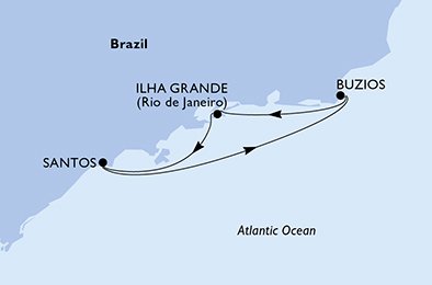 Reiseroute der MSC Lirica am 01.12.2025, ab Santos (Sao Paulo), 4 Nächte