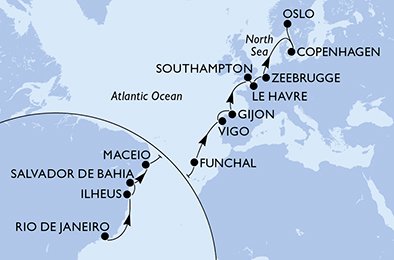 Reiseroute der MSC Preziosa am 03.04.2026, ab Rio de Janeiro, 21 Nächte