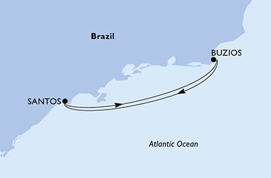 Reiseroute der MSC Lirica am 28.11.2025, ab Santos (Sao Paulo), 3 Nächte