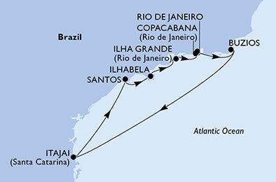 Reiseroute der MSC Lirica am 29.12.2025, ab Santos (Sao Paulo), 7 Nächte