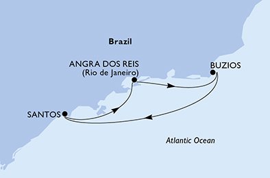 Reiseroute der MSC Preziosa am 19.12.2025, ab Santos (Sao Paulo), 4 Nächte