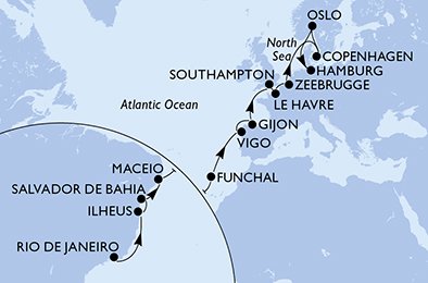 Reiseroute der MSC Preziosa am 03.04.2026, ab Rio de Janeiro, 23 Nächte