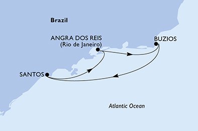 Reiseroute der MSC Preziosa am 07.12.2025, ab Santos (Sao Paulo), 3 Nächte