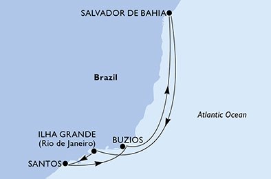 Reiseroute der MSC Lirica am 13.02.2026, ab Santos (Sao Paulo), 7 Nächte