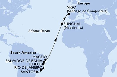 Reiseroute der MSC Preziosa am 02.04.2026, ab Santos (Sao Paulo), 14 Nächte