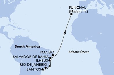 Reiseroute der MSC Preziosa am 02.04.2026, ab Santos (Sao Paulo), 12 Nächte